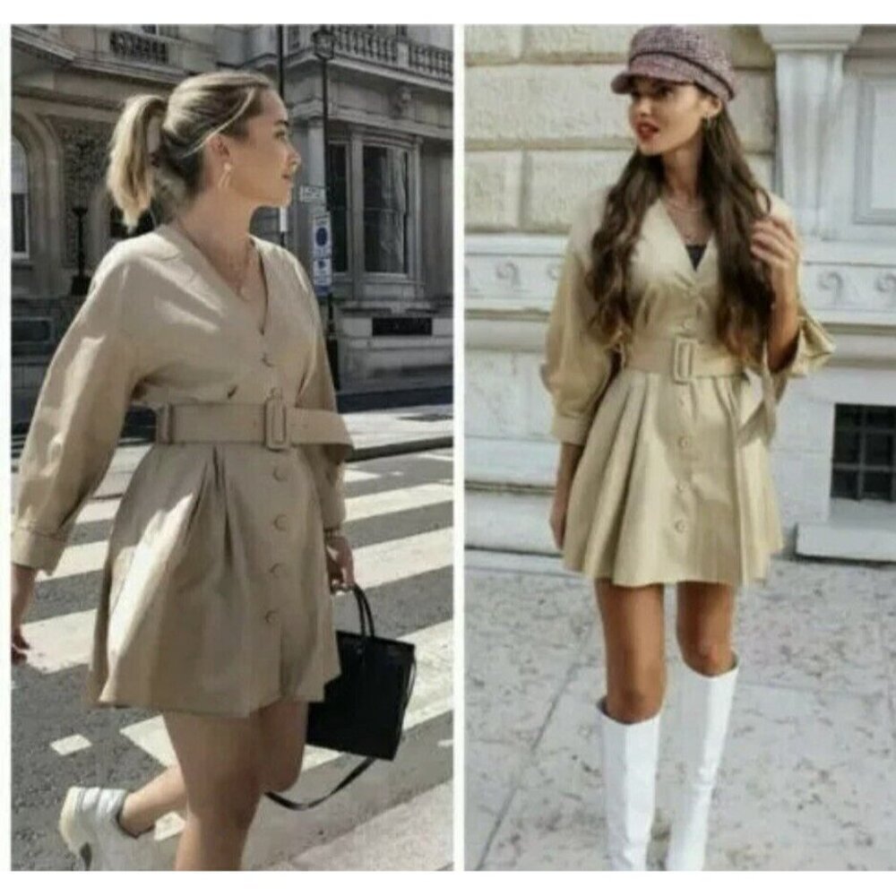 Zara Poplin Button Front Fit And Flare Mini Shirt Dress Camel Brown A Line Sz M